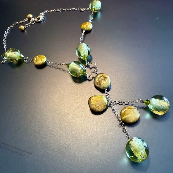 Sterling Silver Glass Mother of Pearl Lariat Chain Necklace - Picture 7 of 9